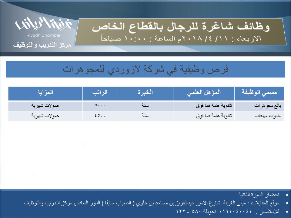 غداً الأربعاء التقديم على وظائف مبيعات في شركة لازوردي للمجوهرات في